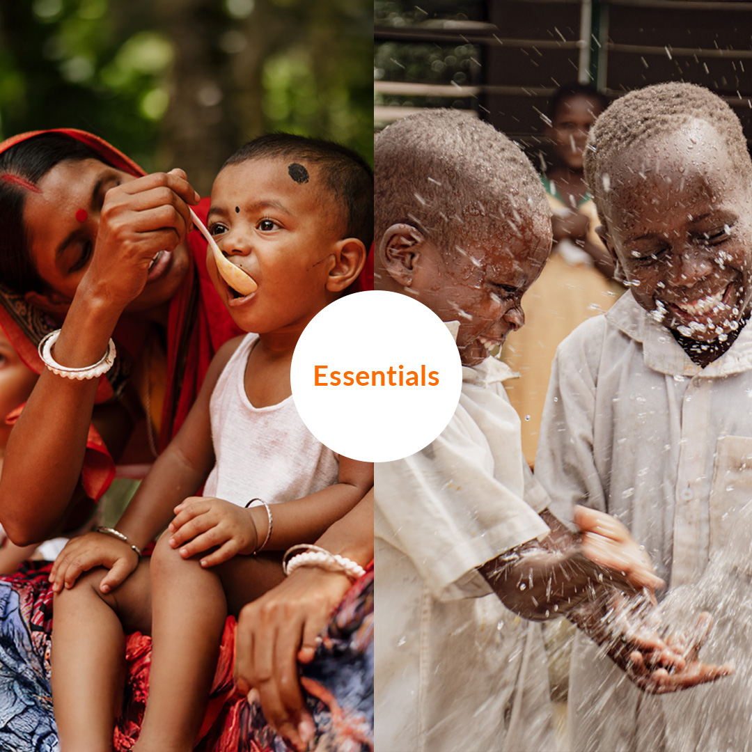 Two images, one woman feeding a child and one child at a water tap
