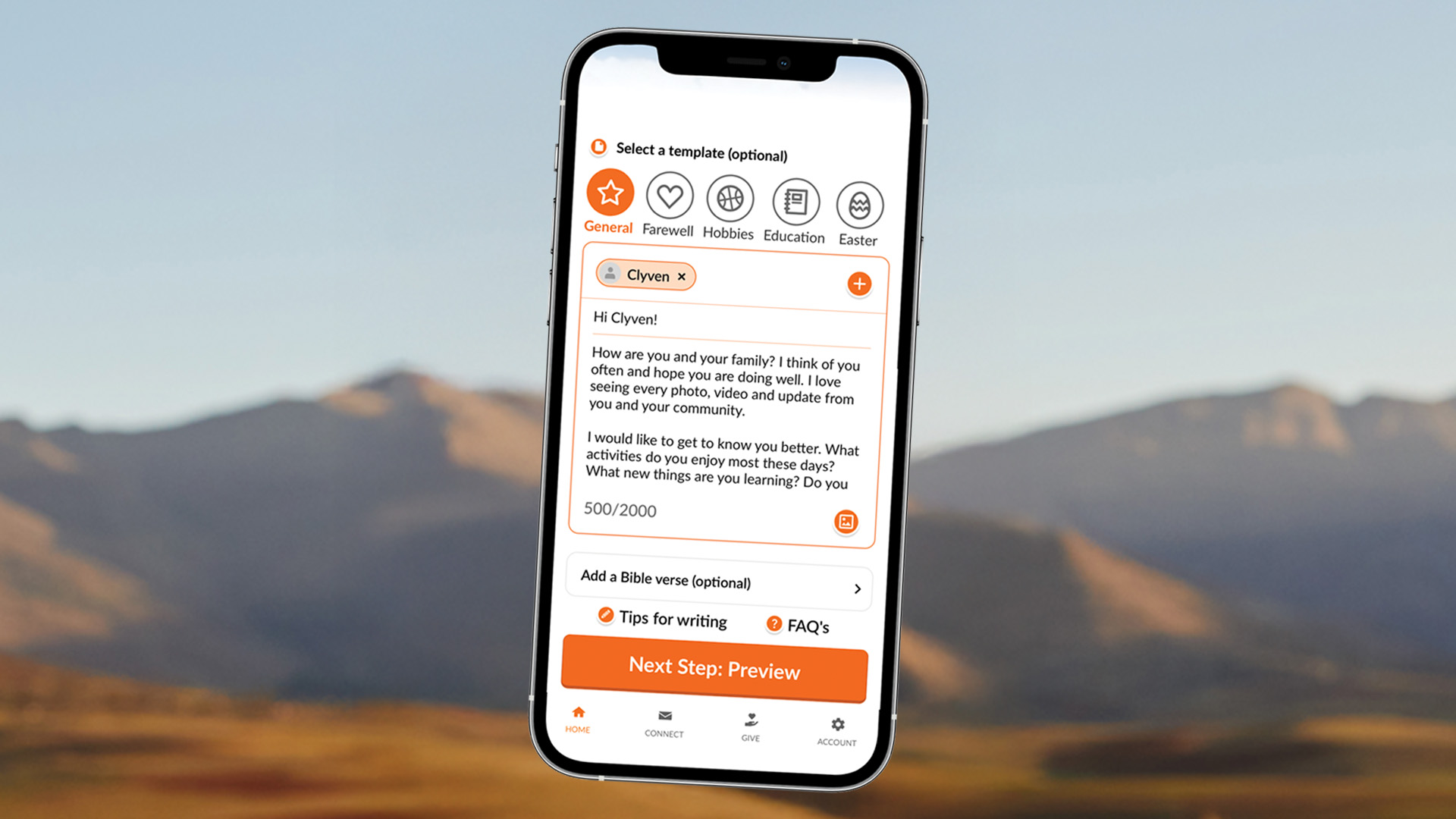 Letter writing screen of the My World Vision app